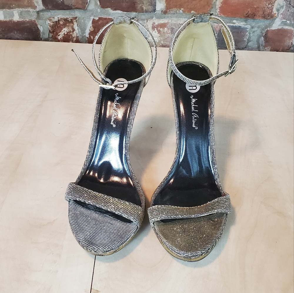 High heels, sandals, ankle strap, metallic silver, 8M